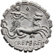 Denarius serratus Crepereia: Quintus Crepereius Rocus; Q•CREPEREI ROCVS, Rome, 72 BC reverse image