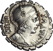 Denarius serratus Aquillia: Manius Aquillius; VIRTVS III•VIR / MN•AQVIL MN•F•MN•N SICIL obverse image