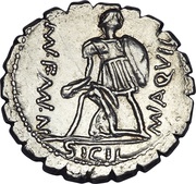 Denarius serratus Aquillia: Manius Aquillius; VIRTVS III•VIR / MN•AQVIL MN•F•MN•N SICIL, Rome, 71 BC reverse image