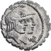 Denarius serratus Fufia: Quintus Fufius Calenus; HO VIRT KALENI / ITAL RO CORDI obverse image