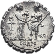 Denarius serratus Fufia: Quintus Fufius Calenus; HO VIRT KALENI / ITAL RO CORDI, Rome, 70 BC reverse image