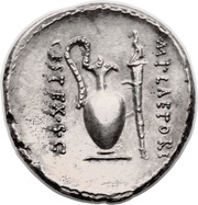 Denarius Plaetoria: Marcus Plaetorius Cestianus; M•PLAETORI CEST•EX•S•C, Rome, 69 BC reverse image