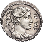 Denarius serratus Hosidia: Gaius Hosidius Geta; GETA III•VIR/C•HOSIDI•C•F obverse image