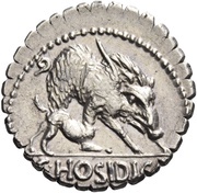 Denarius serratus Hosidia: Gaius Hosidius Geta; GETA III•VIR/C•HOSIDI•C•F, Rome, 68 BC reverse image