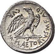 Denarius Plaetoria: Marcus Plaetorius Cestianus; CESTIANVS S•C / M•PLAETORIVS M•F AED•CVR, Rome, 67 BC reverse image