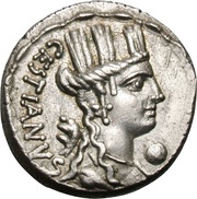 Denarius Plaetoria: Marcus Plaetorius Cestianus; CESTIANVS / M•PLAETORIVS•AED•CVR•EX•SC obverse image