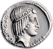 Denarius Pomponia: Quintus Pomponius Musa; Q•POMPONI MVSA; Hercules obverse image