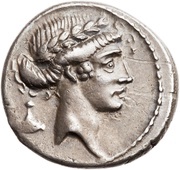 Denarius Pomponia: Quintus Pomponius Musa; Q•POMPONI MVSA; Calliope obverse image