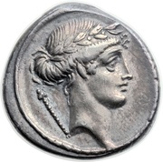 Denarius Pomponia: Quintus Pomponius Musa; Q•POMPONI MVSA; Melpomene obverse image