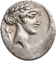 Denarius Pomponia: Quintus Pomponius Musa; Q•POMPONI MVSA; Euterpe obverse image