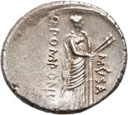Denarius Pomponia: Quintus Pomponius Musa; Q•POMPONI MVSA; Euterpe, Rome, 66 BC reverse image