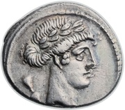 Denarius Pomponia: Quintus Pomponius Musa; Q•POMPONI MVSA; Terpsichore obverse image