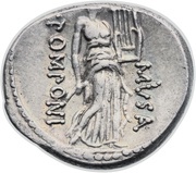 Denarius Pomponia: Quintus Pomponius Musa; Q•POMPONI MVSA; Terpsichore, Rome, 66 BC reverse image