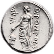 Denarius Pomponia: Quintus Pomponius Musa; Q•POMPONI MVSA; Urania, Rome, 66 BC reverse image