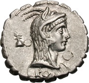 Denarius serratus Roscia: Lucius Roscius Fabatus; L•ROSCI / FABATI obverse image