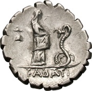 Denarius serratus Roscia: Lucius Roscius Fabatus; L•ROSCI / FABATI, Rome, 64 BC reverse image