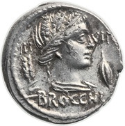 Denarius Furia: Lucius Furius Brocchus; III VIR BROCCHI / L•FVRI CN•F obverse image