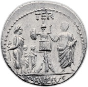 Denarius Aemilia: Lucius Aemilius Lepidus Paullus; PAVLLVS•LEPIDVS CONCORDIA / TER PAVLLVS, Rome, 62 BC reverse image