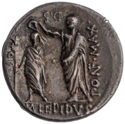 Denarius Aemilia: Marcus Aemilius Lepidus; ALEXANDREA / PON͡F·MAX TVTOR·REG S·C M·LEPIDVS, Rome, 61 BC reverse image