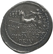 Denarius Plautia: Publius Plautius Hypsaeus; P•YPSAE•S•C/C•YPSAE•COS PRIV CEPIT, Rome, 60 BC reverse image