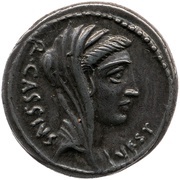 Denarius Cassia: Quintus Cassius Longinus; VEST Q•CASSIVS / AC obverse image
