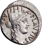 Denarius Plautia: Aulus Plautius; A•PLAVTIVS AED•CVR•S•C / BACCHIVS IVDAEVS obverse image