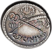 Denarius Sicinia: Quintus Sicinius; FORT P•R / III•VIR Q•SICINIVS, Rome, 49 BC reverse image