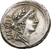 Denarius Acilia: Manius Acilius Glabrio; SALVTIS / MN•ACILIVS III•VIR•VALETV obverse image