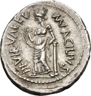 Denarius Acilia: Manius Acilius Glabrio; SALVTIS / MN•ACILIVS III•VIR•VALETV, Rome, 49 BC reverse image