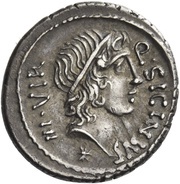 Denarius Sicinia: Quintus Sicinius; Q•SICINIVS III•VIR / C•COPONIVS PR•S•C obverse image