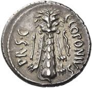 Denarius Sicinia: Quintus Sicinius; Q•SICINIVS III•VIR / C•COPONIVS PR•S•C, Rome, 49 BC reverse image