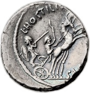 Denarius Hostilia: Lucius Hostilius Saserna; L•HOSTILIVS SASERN, Rome, 48 BC reverse image