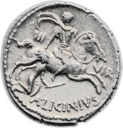 Denarius Licinia: Aulus Licinius Nerva; FIDES NERVA / III VIR A•LICINIVS, Rome, 47 BC reverse image