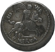 Denarius Licinia: Aulus Licinius Nerva; FIDES A•LICINIVS / NERVA III•VIR, Rome, 47 BC reverse image