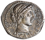 Denarius Porcia: Cato Uticensis; ROMA M•CATO•PRO•PR / VICTRIX obverse image