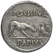 Denarius Papia: Lucius Papius Celsus; L•PAPIVS CELSVS•III•VIR, Rome, 45 BC reverse image