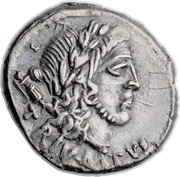 Denarius Papia: Lucius Papius Celsus; TRIVMPVS / L•PAPIVS CELSVS•III•VIR obverse image