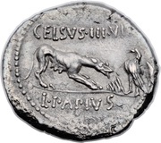 Denarius Papia: Lucius Papius Celsus; TRIVMPVS / L•PAPIVS CELSVS•III•VIR, Rome, 45 BC reverse image