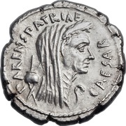Denarius - Julius Caesar CAESAR PARENS•PATRIAE / C•COSSVTIVS MARDIANVS A A A F•F obverse image