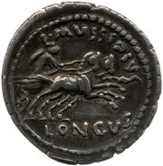 Denarius Mussidia: Lucius Mussidius Longus; L•MVSSIDIVS LONGVS, Rome, 42 BC reverse image