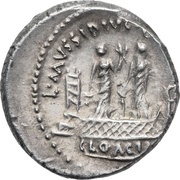 Denarius Mussidia: Lucius Mussidius Longus; L•MVSSIDIVS•LONGVS CLOACIN, Rome, 42 BC reverse image