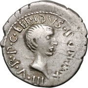 Denarius - Lepidus LEPIDVS•PONT•MAX•III•V•R•P•C / CAESAR•IMP•III•VIR•R•P•C obverse image