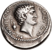 Denarius - Marcus Antonius M•ANT•IMP•AVG•III•VIR•R•P•C•L•GELL•Q•P / CAESAR•IMP•PONT•III•VIR•R•P•C obverse image