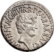 Denarius - Marcus Antonius M•ANT•IMP•AVG•III•VIR•R•P•C•M•BARBAT•Q•P / CAESAR•IMP•PONT•III•VIR•R•P•C obverse image