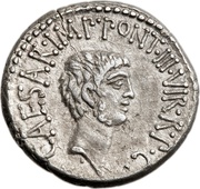 Denarius - Marcus Antonius M•ANT•IMP•AVG•III•VIR•R•P•C•M•BARBAT•Q•P / CAESAR•IMP•PONT•III•VIR•R•P•C, Rome, 41 BC reverse image