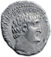 Denarius - Mark Antony ANTON•AVG•IMP•III•COS•DES•III•III•V•R•P•C / M•SILANVS•AVG Q•PRO•COS obverse image