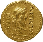 Aureus Caecilia: Quintus Caecilius Metellus Pius Scipio; Licinia: Publius Licinius Crassus Iunianus Damasippus; METEL·PIVS SCIP·IMP / CRASS·IVN LEG·PROPR obverse image