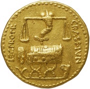 Aureus Caecilia: Quintus Caecilius Metellus Pius Scipio; Licinia: Publius Licinius Crassus Iunianus Damasippus; METEL·PIVS SCIP·IMP / CRASS·IVN LEG·PROPR reverse image