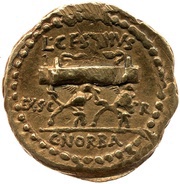 Aureus Norbana: Gaius Norbanus Flaccus; Lucius Cestius; L·CESTIVS C·NORBA PR EX·S·C reverse image