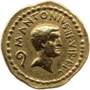 Aureus - Marcus Antonius and Octavian M·ANTONIVS·III·VIR·R·P·C / C·CAESAR·III·VIR·R·P·C obverse image